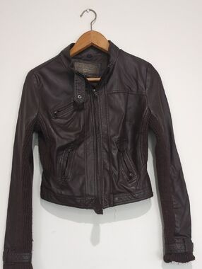 Cavalini Dark Brown Faux Leather Moto Jacket with Knit Sleeve Panels